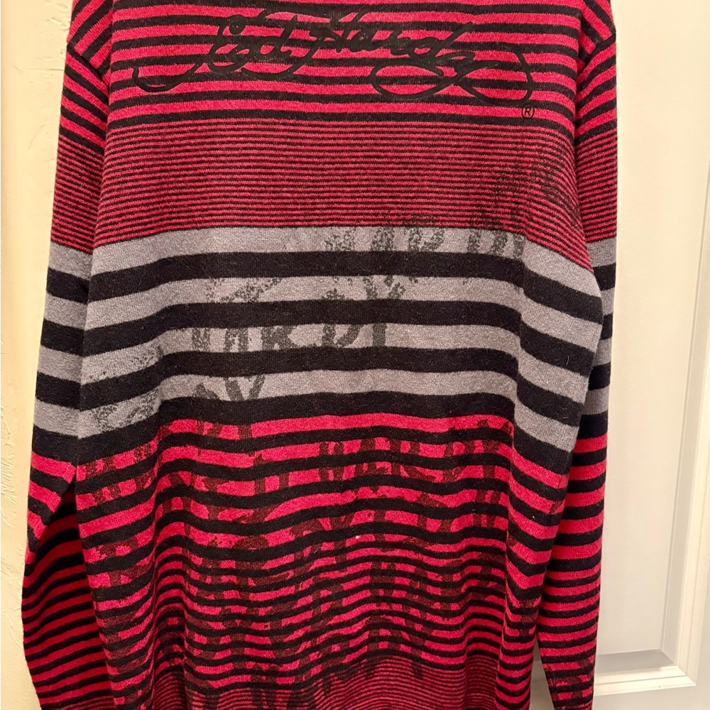 Ed Hardy Vibrant Red and Black Striped Sweater